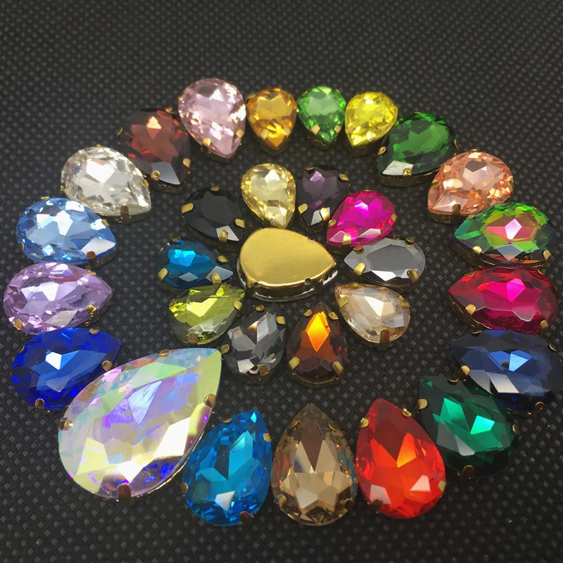 

29 Colors 6 Sizes Glass Crystal Sew On Rhinestone gold Claw Teardrop Flatback WaterDrop Sew On Claw Rhinestones For Bag