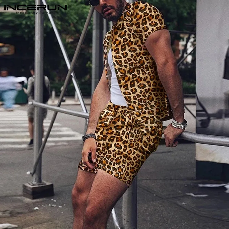 Fashion Men Sets Streetwear Leopard Print Short Sleeve Lapel Shirt Beach Shorts Hawaiian Men Suits 2 Pieces Plus Size INCERUN