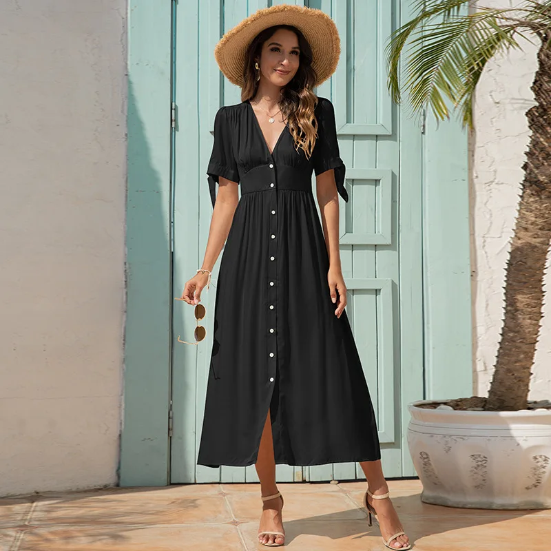 

Women Elegant V-neck High Waist Long Dress Summer Short Sleeve Bow Decor Solid Color Casual Single-breasted Robe Work Women Eleg