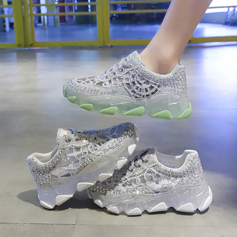 

Women's Sneakers Flat Platform Muffin Rhinestone Shoes Crystal Platform Heightening Dad Shoes