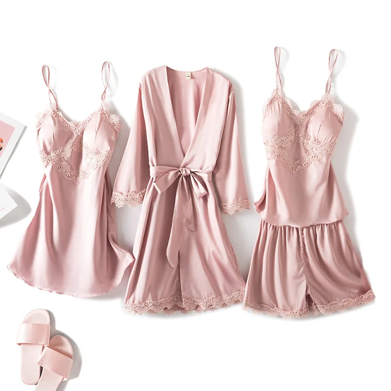 

Casual Sleep Suit Soft Satin 4PCS Pajamas Set For Women Casual Lace Kimono Bathrobe Gown Silky Intimate Lingerie With Pads