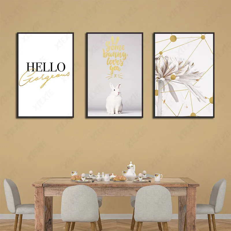 

Абстрактная картина на стену золотые линии буквы животные кролик цветы Холст Плакаты принты для гостиной спальни коридора украшение