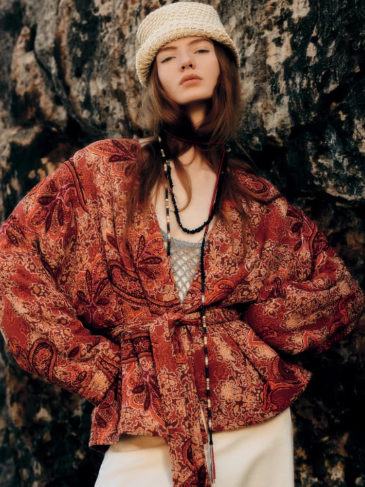 

ZA New Women's Autumn Jacket Retro Ethnic Style Straight Loose Printed Cotton Jackets Asymmetrical Indie Folk Style