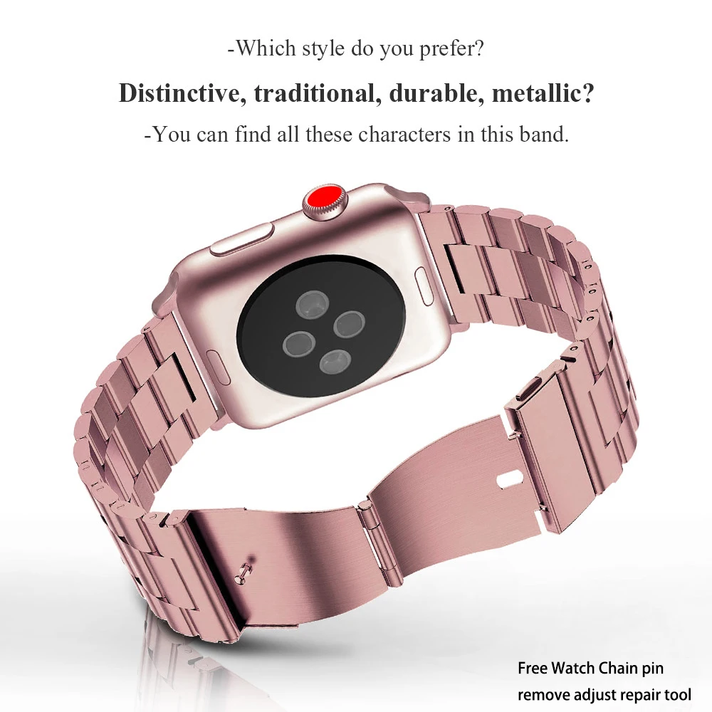 Ремешок из нержавеющей стали для Apple Watch 38 мм 42 мм 4 3 2 1 металлический ремешок для часов три звенья браслет для iWatch серии 4 5 40 мм 44 мм - Цвет ремешка: rose gold