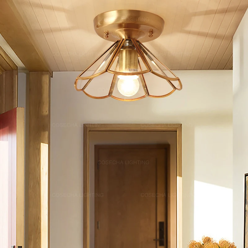 Чистое медное Золотое потолочное освещение E27 маленькие стеклянные потолочные