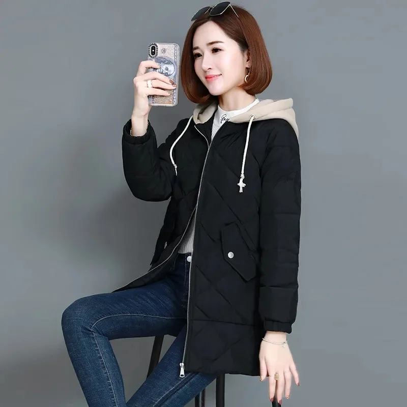 2021 Women New Winter Down Cotton Jacket Female Mid-Length Loose Korean Diamond Check Cotton Coat women casual hooded tide A18