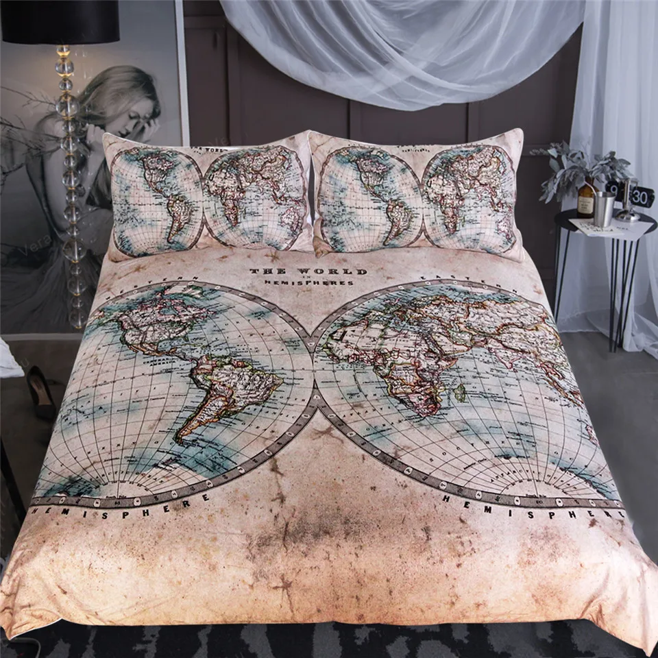 BeddingOutlet World Map Bedding Set Geography Duvet Cover Set Vintage Hemisphere Map Home Textiles Brown Blue Bedclothes 3pcs