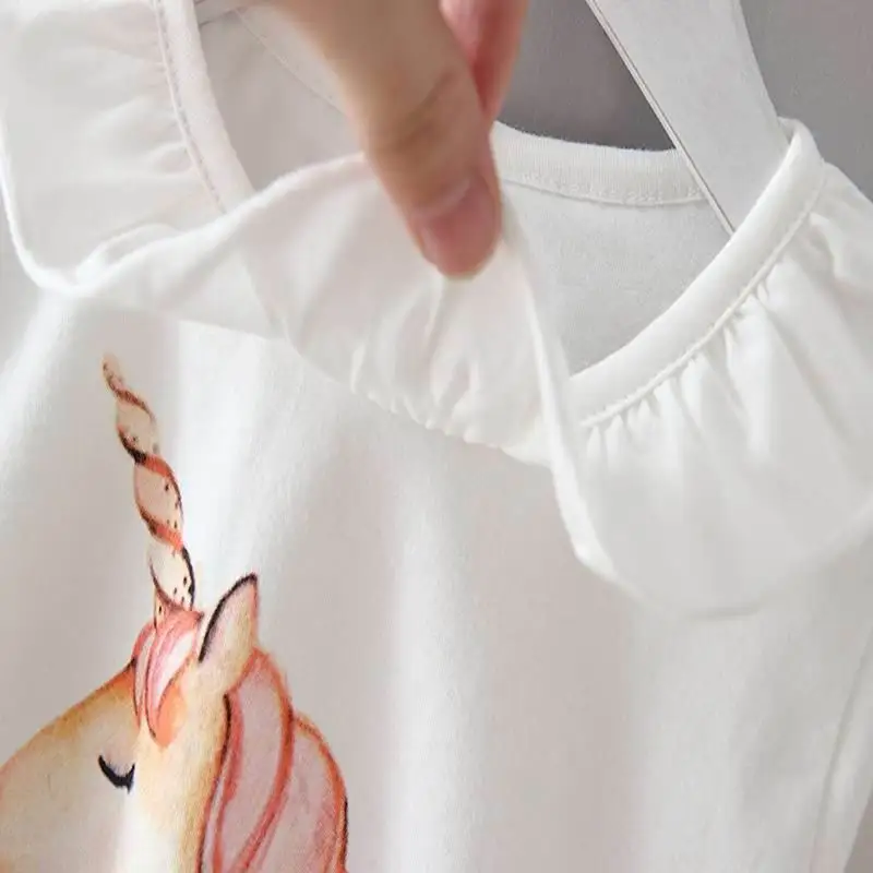 

2020 Autumn New Girls Outfits Unicorn White Long Sleeve Shirt+gray Gauze Skirt 2pcs Suits Girls Clothing Set E2118