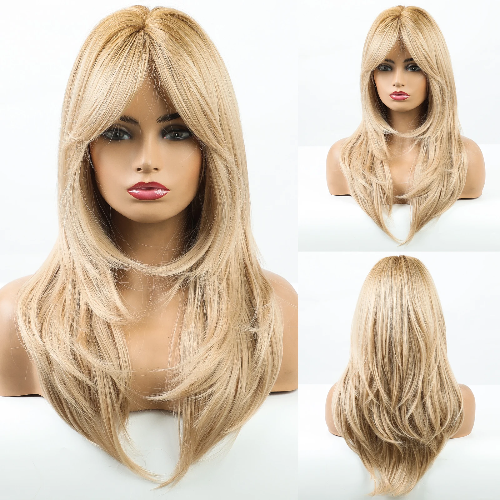 

Cosplay Wig Medium Wavy Hair Natural Ombre Golden Blonde Yellow Layered Synthetic Wigs with Side Bangs for Women Heat Resistant