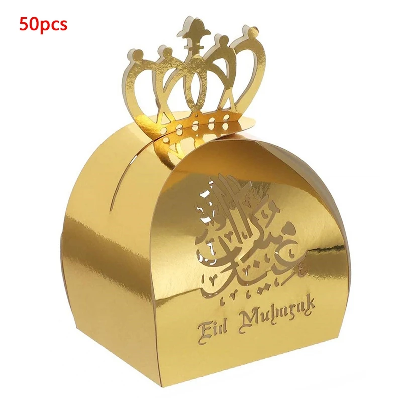 

50PCS Eid Mubarak Candy Box with Crown Paper Ramadan Gift Snack Chocolate Bag for Muslim Islamic Party Supplies