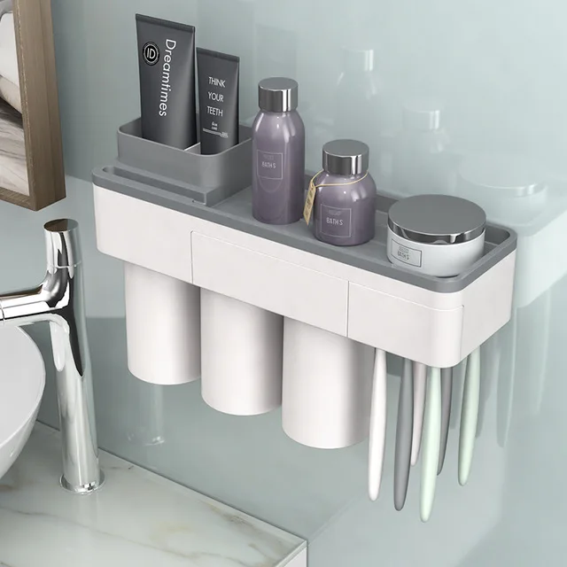 Держатель для зубной щетки перевернутая чашка настенное крепление для ванной моющее средство полка для ванной аксессуары набор YS-74 - Цвет: gray 3 cups