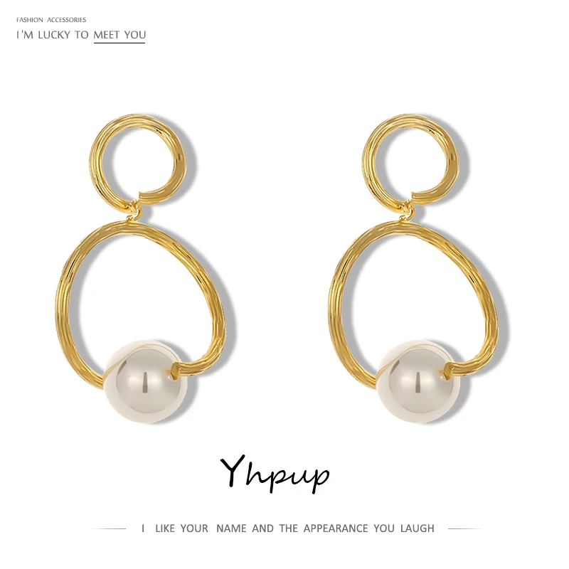 Yhpup Korean Minimalist Dangle Earrings Personality Imitation Pearls Metal Gold Oorbellen Pendientes Mujer Moda 2019 | Украшения и