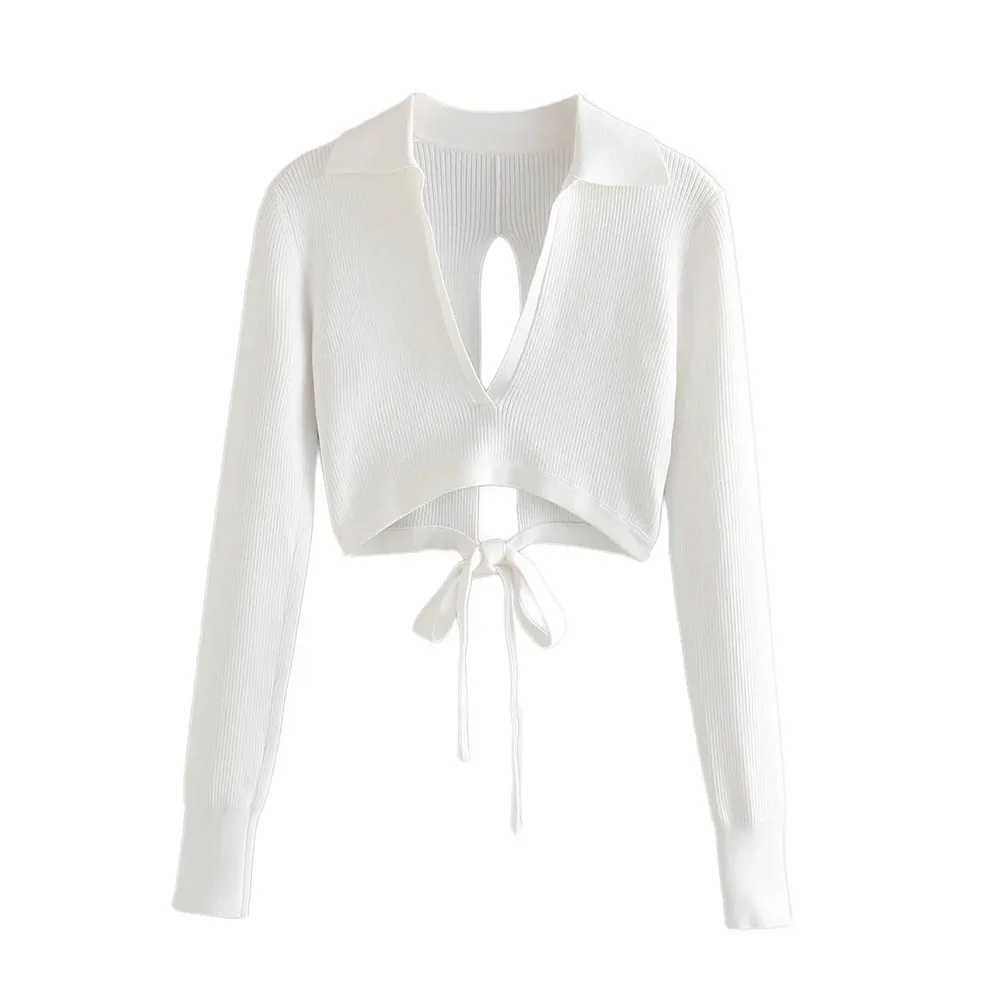 

Женские однотонные короткие рубашки с V-образным вырезом и бантом, модные женские белые трикотажные топы, элегантные женские шикарные ажурн...