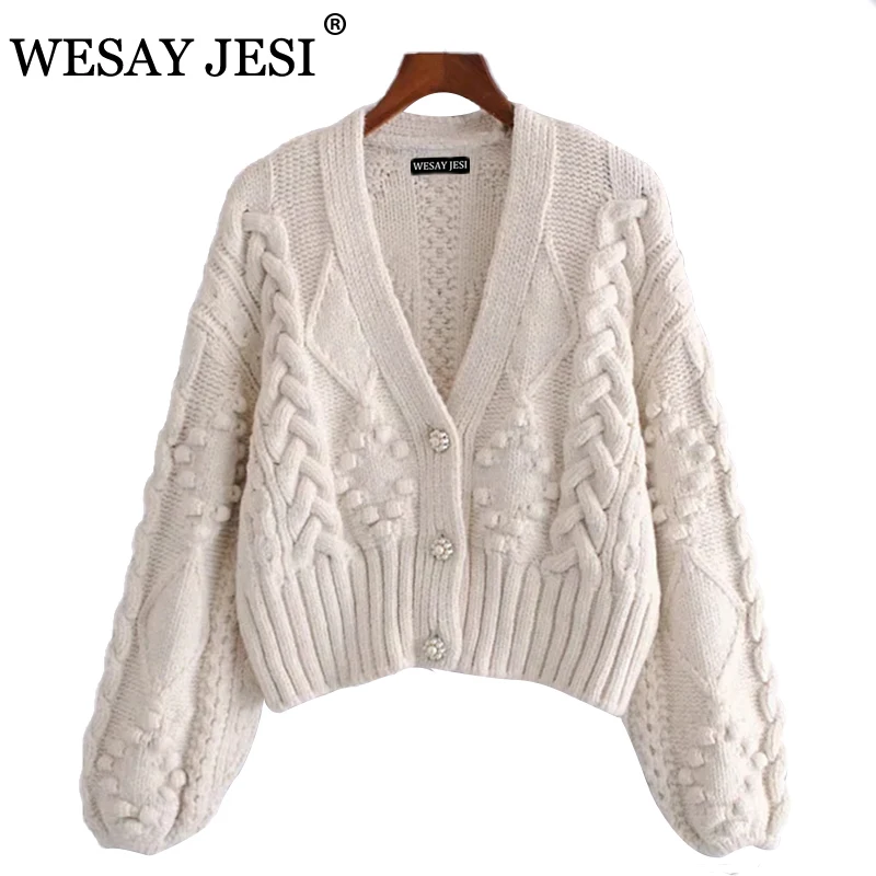 

WESAY JESI Women 2021 Fashion Pompom Appliques Cropped Knitted Cardigan Sweater Vintage Long Sleeve Female Outerwear Chic Tops