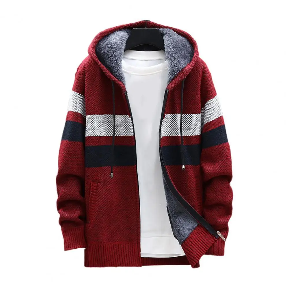 

Hot Sale!!!Fashion Men Hooded Zipper Coat Color Block Knitted Autumn Winter 2022 Thicken Plush Warm Cardigan Sweater for Office