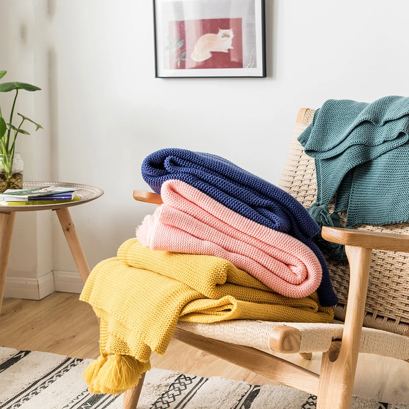 Bubble Kiss Best Selling 2020 Blanket Tassel Four-Corner Knitting Cotton Blankets For Beds Solid Color Weighted | Дом и сад