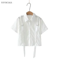 harajuku white shirt women turn down collar black blouses 2021 summer new short sleeve shirts short tops 2117898