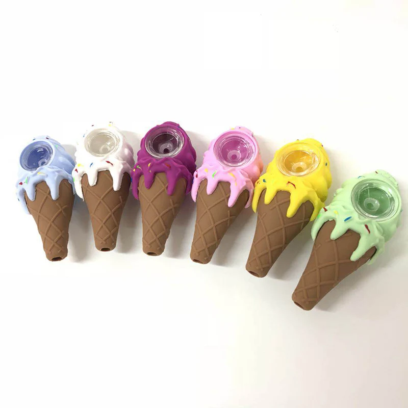 

10pcs Silicone smoki pipe ice cream Creative Funny silicone Smoking Pipe with glass bowl unbreakable tobacco Hand Pipes