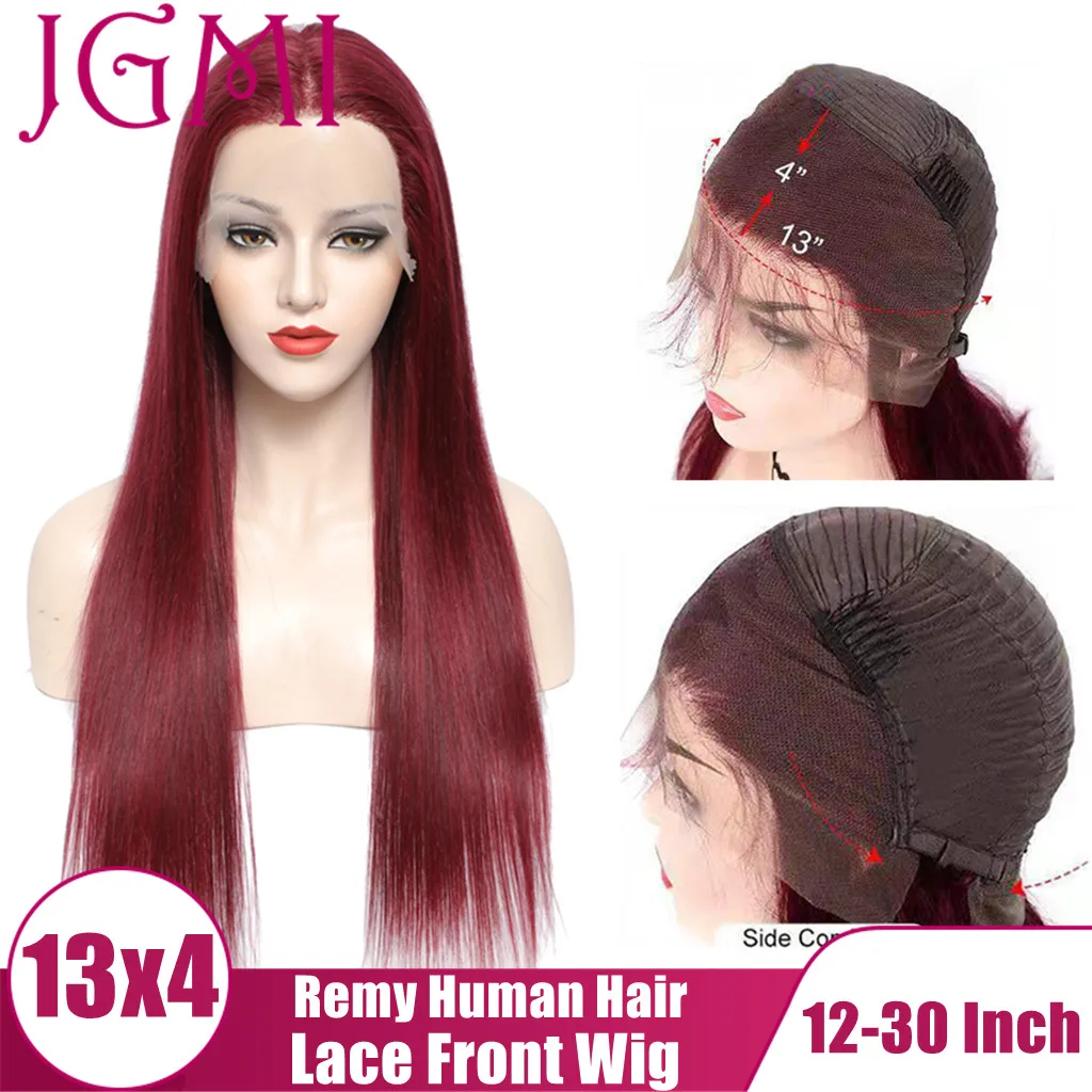

JGMI 99J Remy Brazilian Human Hair Straight 13x4 Swiss Lace Frontal Front Wig for Black Women Burgundy Wine Red