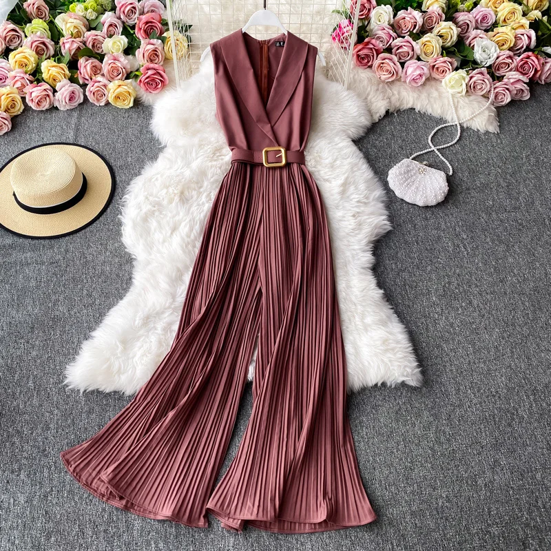 

Vintage Notched Collar Draped Rompers For Women Casual Sleeveless High Waist Wide Leg Playsuits Female Beige/Green Jumpsuit 2020