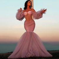 sexy mermaid evening dresses long sleeve beaded dusty pink pageant prom dress for women girls arabic dubai robe de mari%c3%a9e