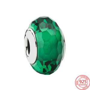 New 925 Sterling Silver Women Festival Jewelry Green Faceted Murano Glaze Beads Gift Fit Original Pa
