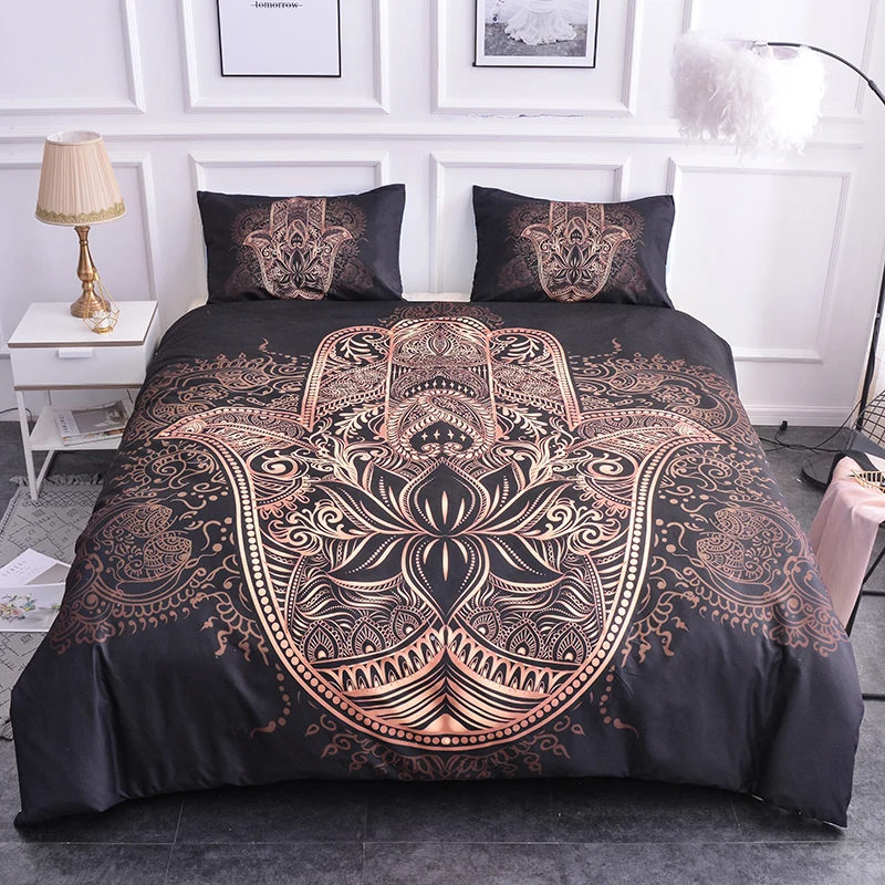 

2/3pcs Boniu 3d Lotus Fatima Hand with Eyes Pattern Bedding Set Queen Size Bohemian Duvet Cover with Pillow Covers Soft Bed Set