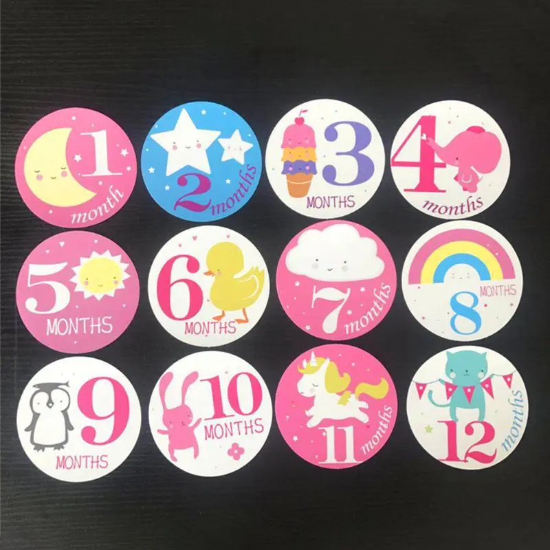 

12 Pcs/set Pregnant Women Photography Monthly Stickers Fun Lovely Baby Cartoon Girls Boys Month 1-12 Picture Frame Stickers 40JC