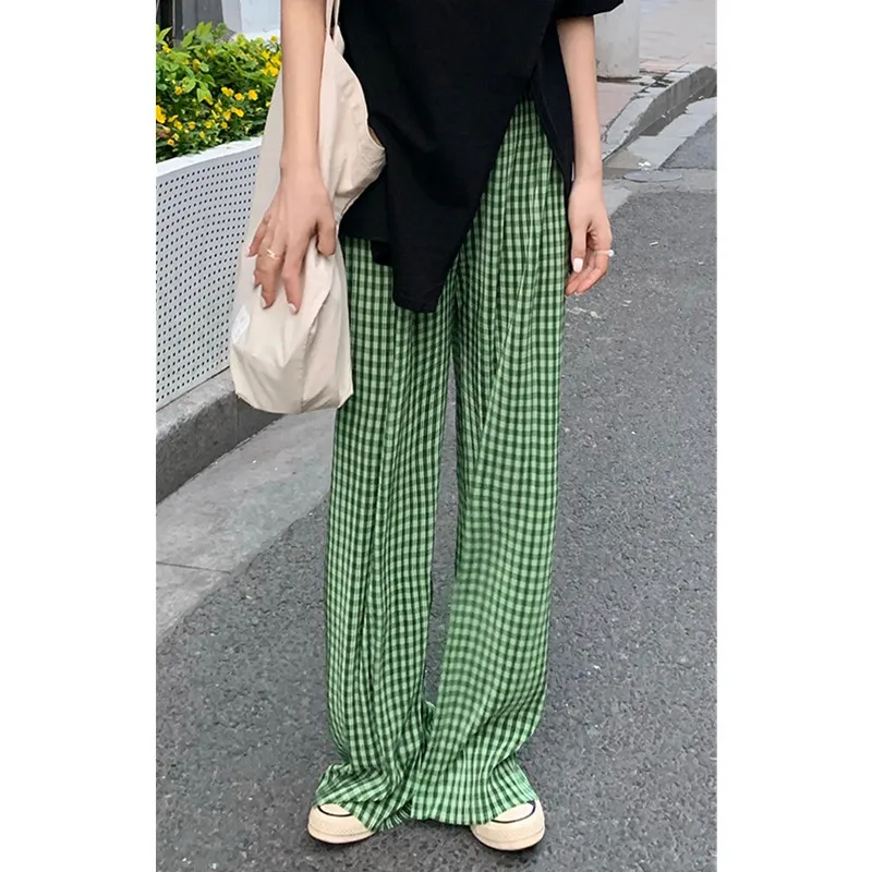 

Real Shot 2021 New Women's Green Plaid Slit High Waist Draped Wide Leg Pants Thin Loose Straight Pleated Casual Mopping Pants