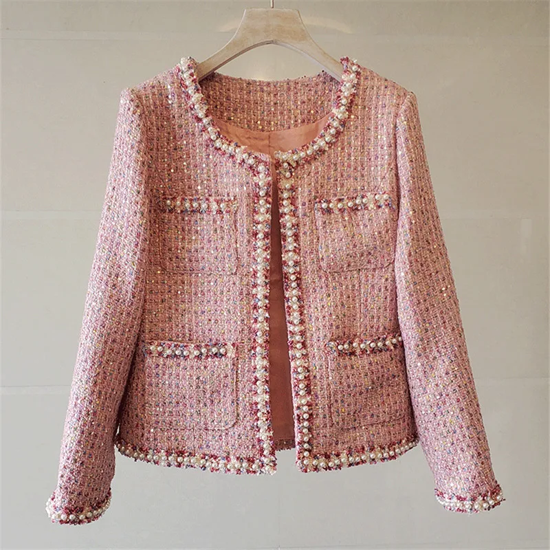 

Runway Autumn Winter High Quality Sweet Beaded Pearls Buttons Jacket Coat Elegant Women's Woolen Tweed Outwear Casacos Top