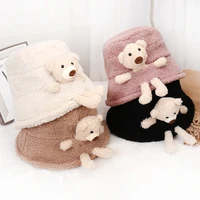 cute bear doll lamb fur bucket hat female winter new cartoon panama hat solid color plush basin hat keep warm for women girls