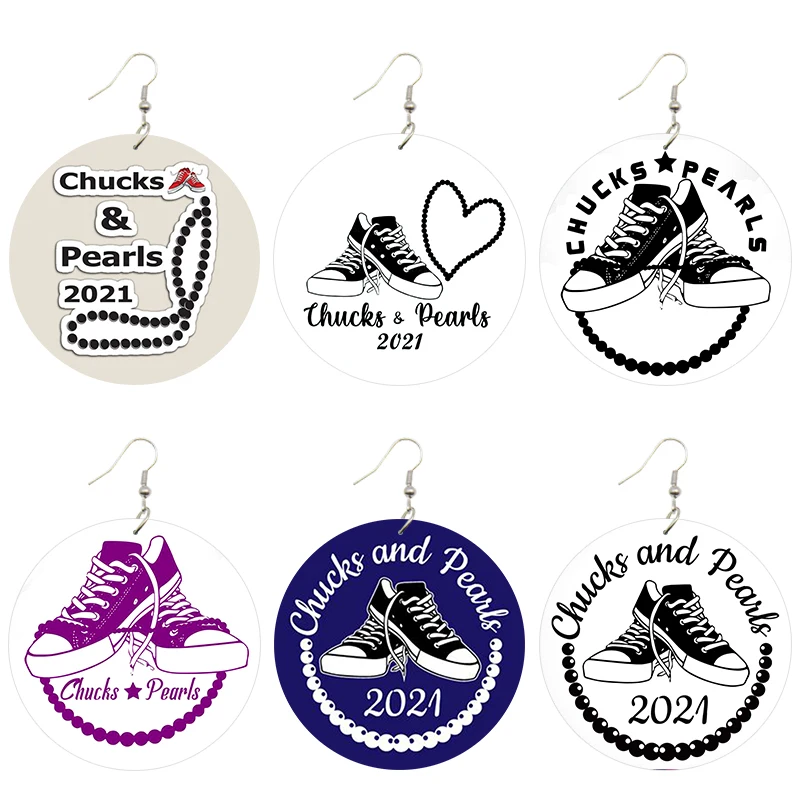 

SOMESOOR Chucks And Pearls 2021 Wooden Drop Earrings Unite State Vice President Kamala Harris Print Loops Dangle For Women Gift