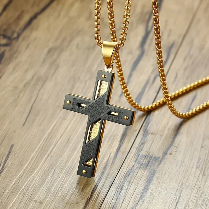 

Vnox Double Layer Cross Pendant Stainless Steel Men Necklace Nailed Cross Bible Jewelry Casual Male Faith Bijoux