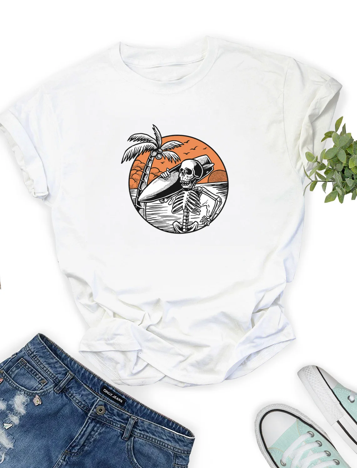 Женская Повседневная футболка с круглым вырезом и коротким рукавом Skull Surf Island