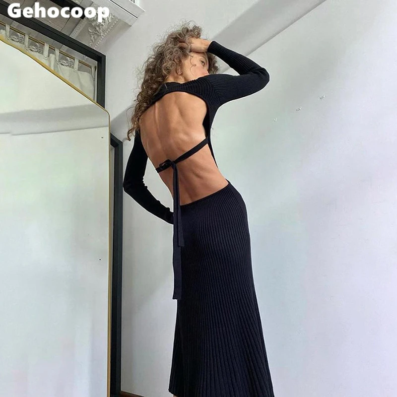 

New Autumn Winter Women Knitted Dress Turtleneck Sweater Dresses Lady Slim Bodycon Long Sleeve Bottoming Backless Dress Vestidos