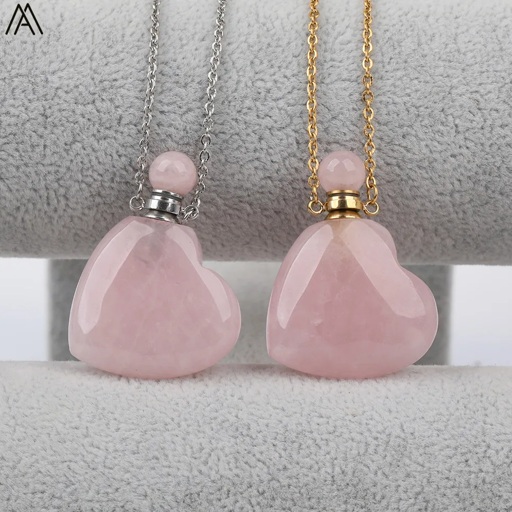 Естественная форма сердца розовая кварцевая подвеска в виде бутылочки парфюма