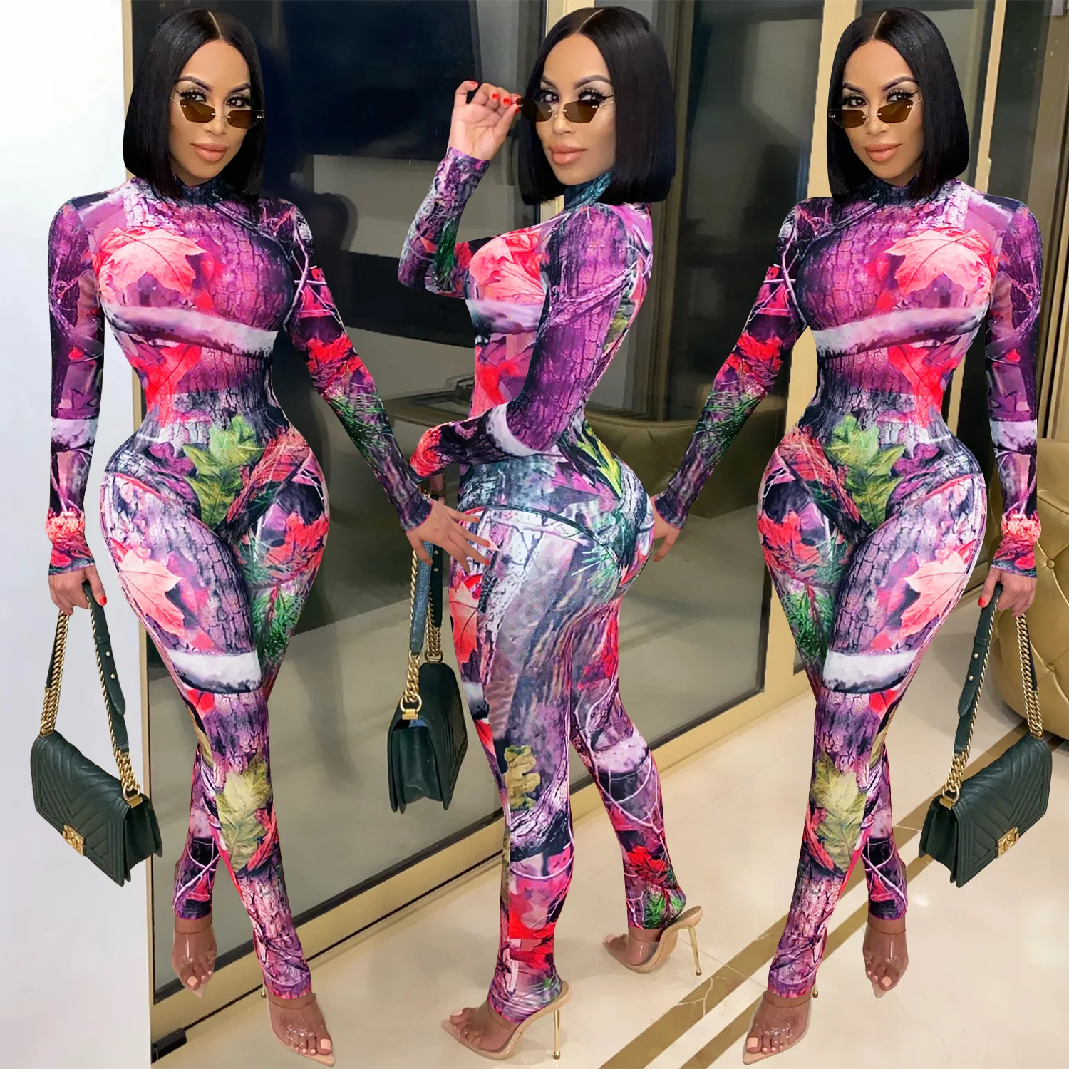 

Print 2 Two Piece Set Autumn New Long Sleeve Women Set Outfits Turtleneck Bodysuit Top Long Pencil Pants Set Tracksuit Plus Size