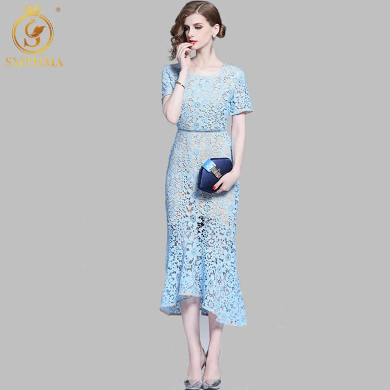 Женское ажурное платье SMTHMA модельное с коротким рукавом кружевное праздничное