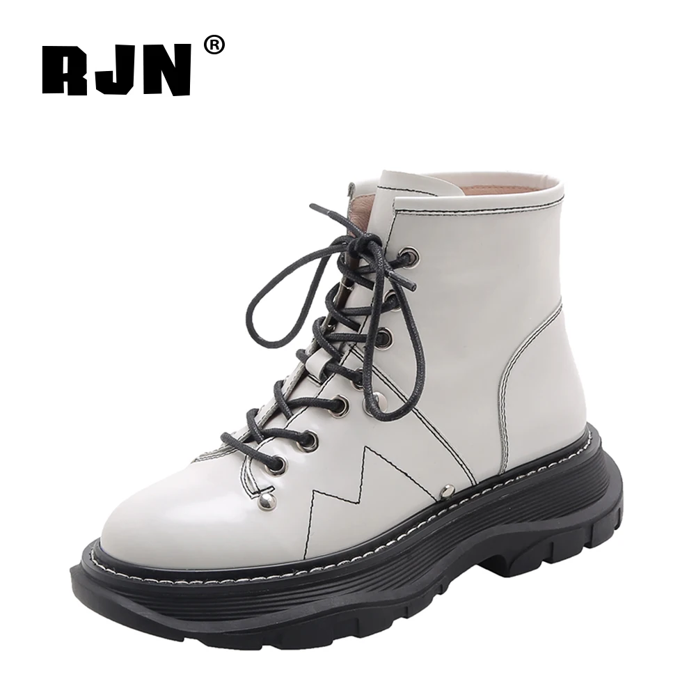 spesifikasi RJN Kasual Platform Putaran Kaki Sepatu Bot Sabuk Gesper Kulit Asli Buatan Tangan Renda-Up Sepatu Wanita Bergaya Lutut Sepatu Bot Tinggi RO230