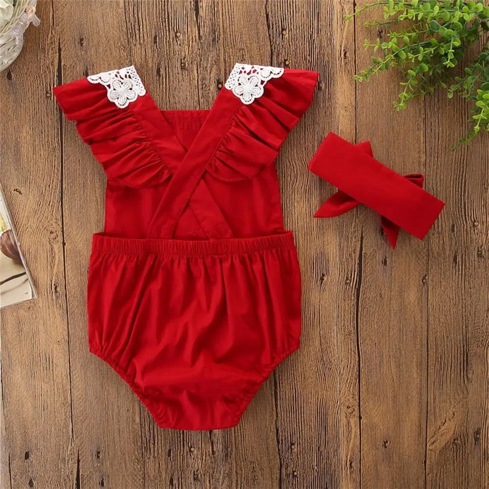Baby Boys Girls Bodysuits Infant Newborn Sleeveless Lace Jumpsuit+Headbands Set Summer Toddler Outfit ropa #10F | Мать и ребенок