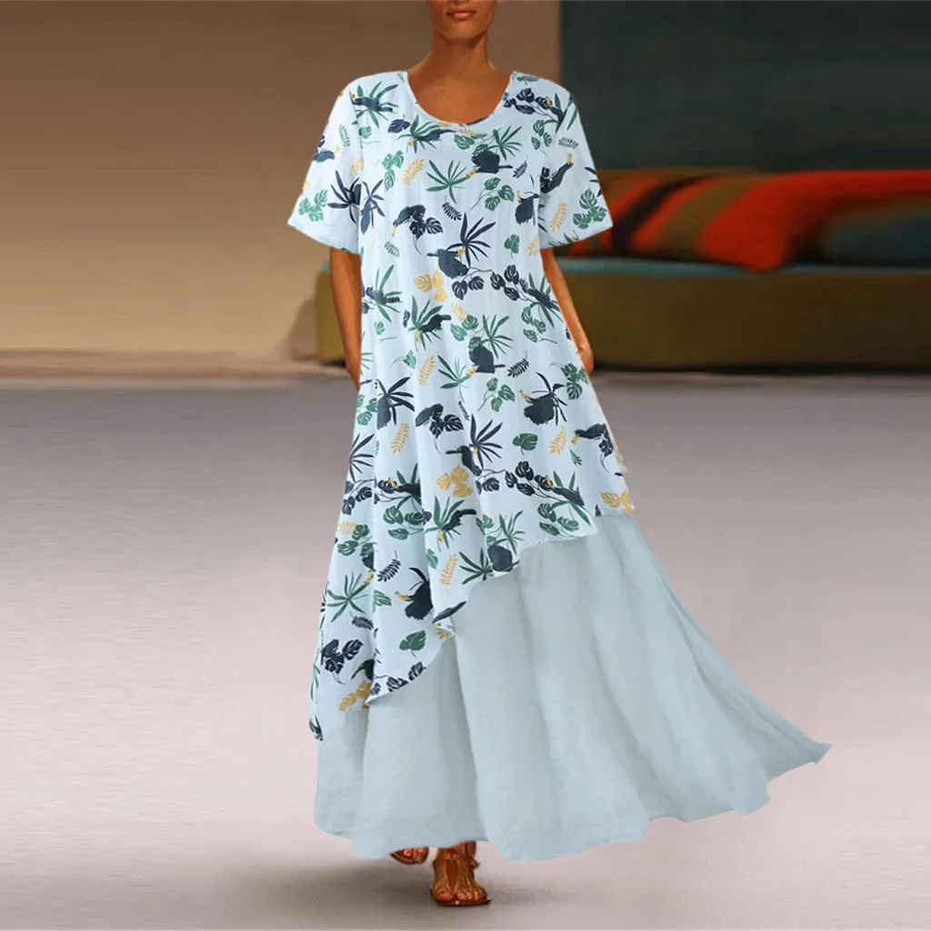 Женское летнее платье винтажное свободное макси с круглым вырезом и цветочным