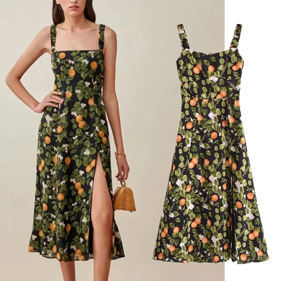 

Withered Ins Fashion Blogger Vintage Indie Folk Lemon Printing Romatic Vestidos De Fiesta De Noche Summer Beach Long Dress Women