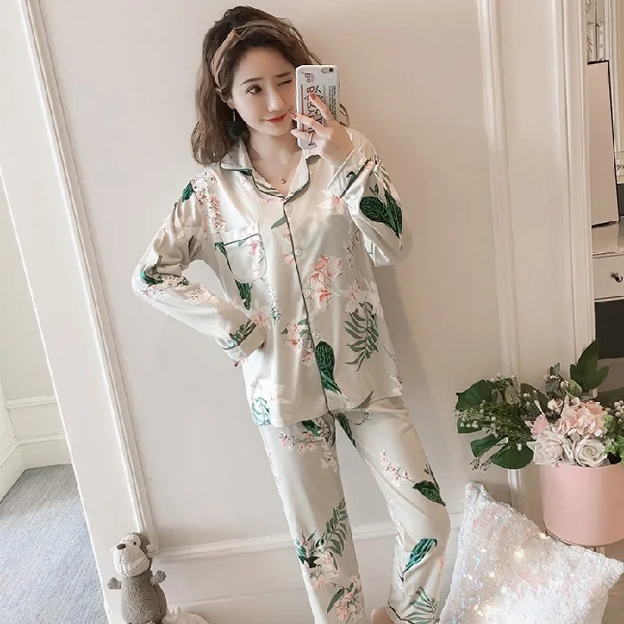 Pajamas Women Autumn Winter New Cardigan Lapel Printed Long Sleeve Trousers Sweet Lovely Home Clothes Set Sleepwear Nightwear
