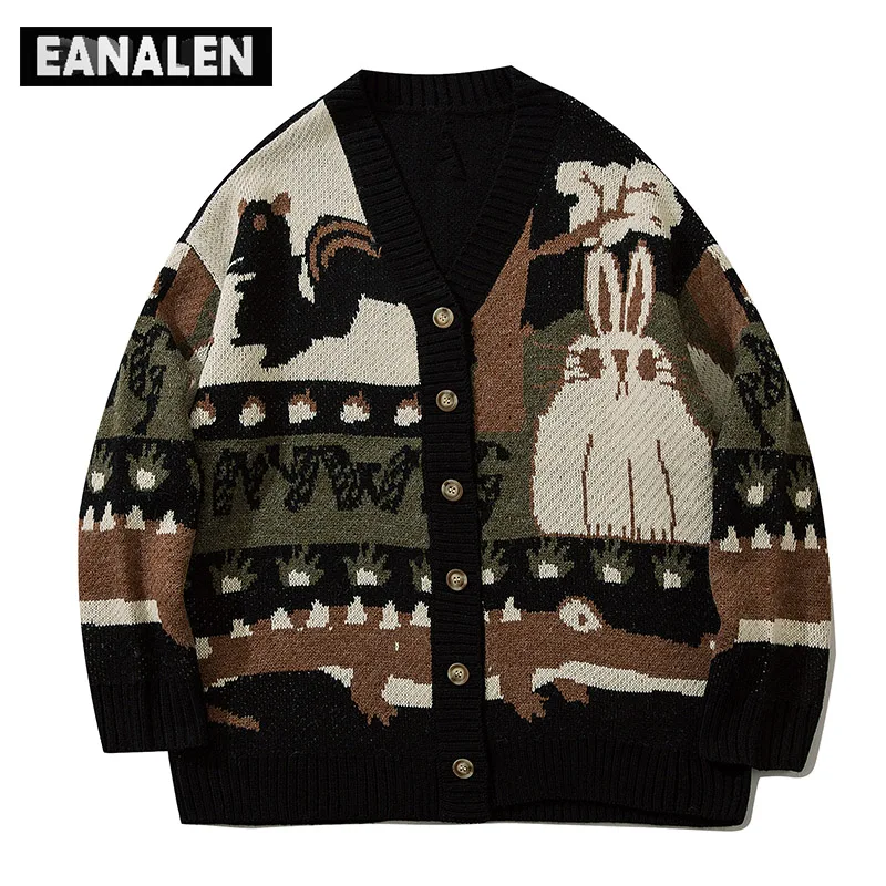 Suéter Harajuku con estampado de conejo para hombre, chaqueta de invierno de gran tamaño, ropa de calle vintage, jersey de color de contraste, cárdigan de punto