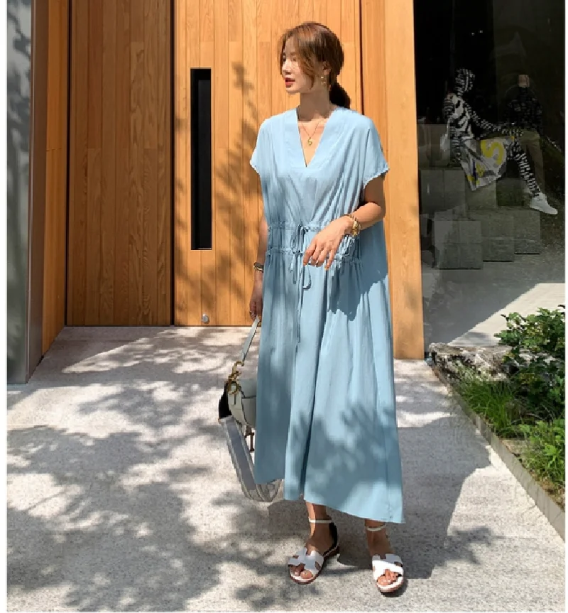 

Fashion Temperament Bandage Dress Women Chic Korea Simple Solid Color Midi Dress One Piece Elegant V-Neck Pleated Dress Robe