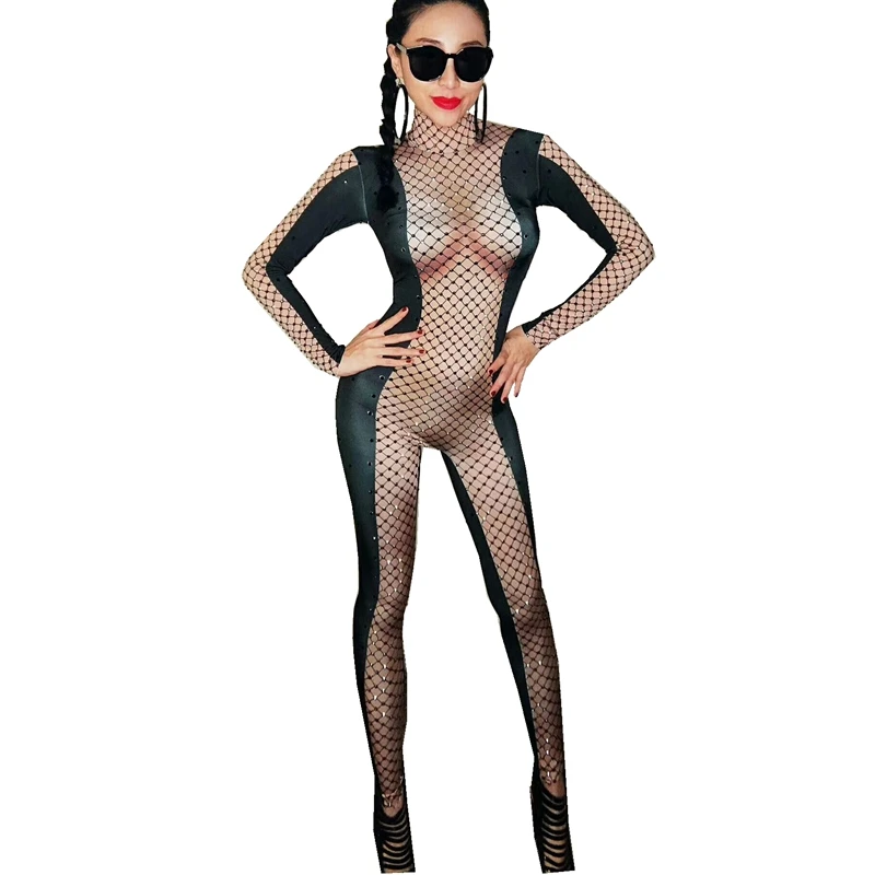 Черный стразы на сетчатой основе с принтом сексуальный телесный комбинезон