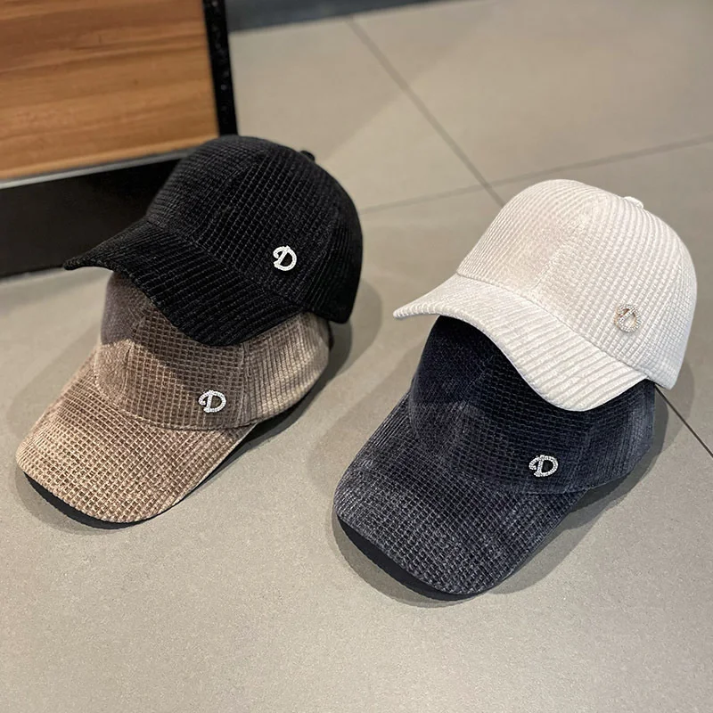 

New Winter Caps Women Diamond Letter Embroidery Caps Solid Color Warm Corduroy Baseball Caps