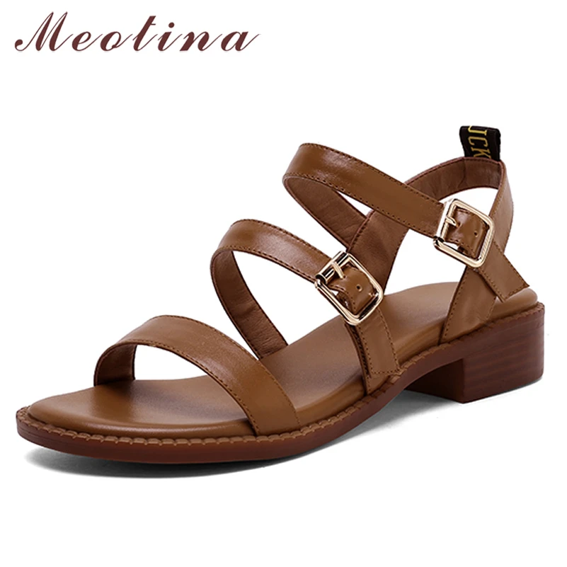 

Meotina/Женская обувь, женские ботинки-гладиаторы из натуральной кожи; Сандалии с пряжкой на среднем толстом каблуке, сандалии с квадратным нос...