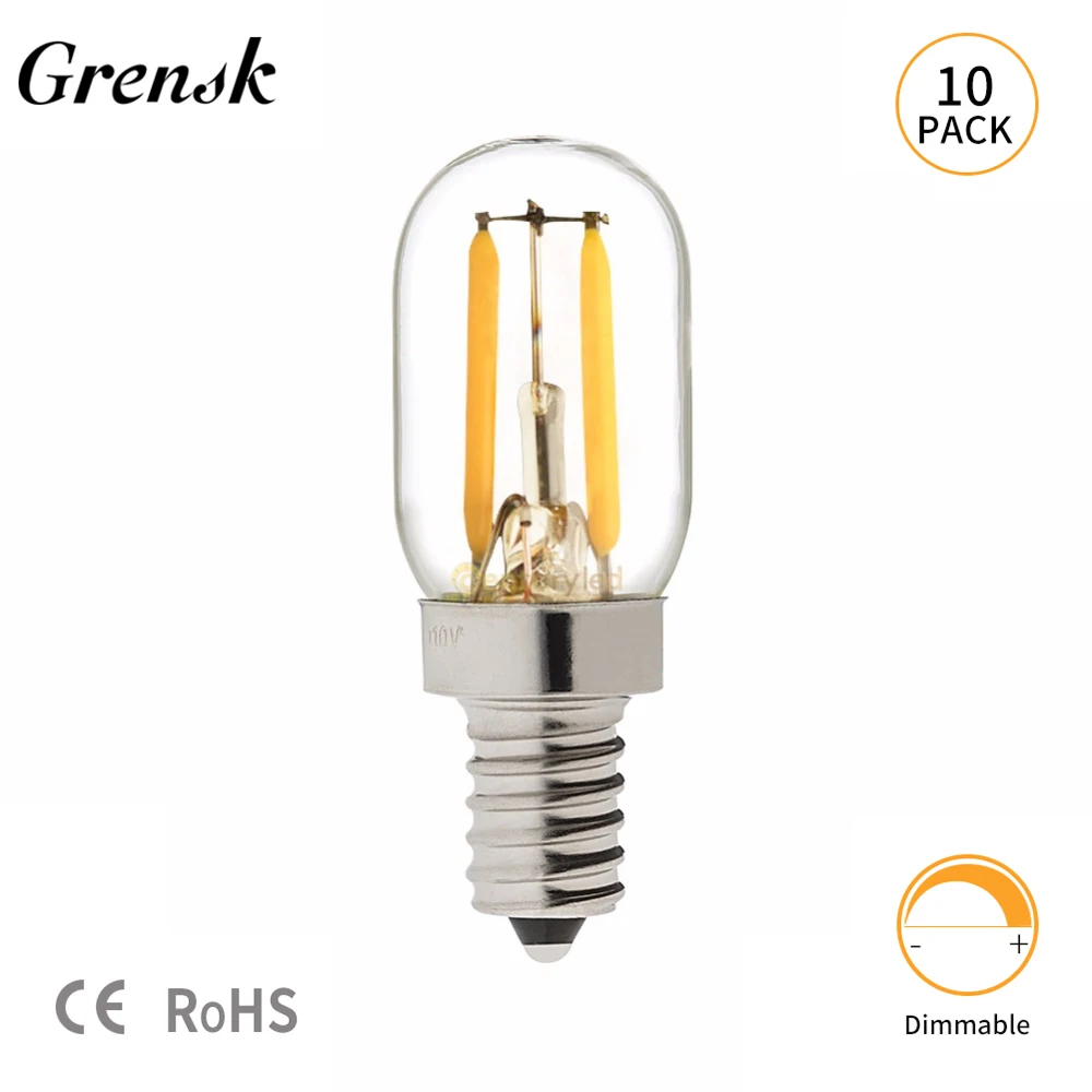 

Grensk 10pcs/lot T20 Radio Refrigerator Lamp 1W Super Warm 2200K Retro LED Filament Bulb E12 E14 Base 110V 220VAC Dimmable Bulbs