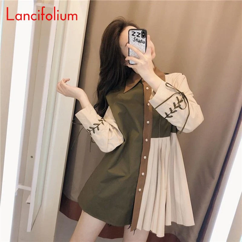 

Dress 2021 Fall Elegant Office Party Harajuku Korean Contrast Patchwork Button Up Bandage Ruffle Pleated Mini Shirts Dress Women